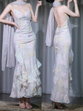 Ndyad Mermaid Long Prom Dresses Printed Chiffon Spaghetti Straps Formal Evening Dress Open Back Party Dress HZ1024