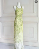 Ndyad Green Sheath Long Prom Dresses Elegant Beaded Chiffon Formal Dress Sleeveless Round Neck Evening Dress HZ1024