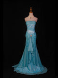 Ndyad Blue Mermaid Long Prom Dress Strapless Lace Sparkly Evening Gown Chiffon Formal Dress HZ1024