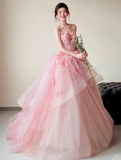 Ndyad Ball Gown Sweetheart Neck Quinceanera Dress Pink Wedding Dress Tulle Applique Sweet Birthday Prom Dress HZ1024