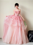 Ndyad Ball Gown Sweetheart Neck Quinceanera Dress Pink Wedding Dress Tulle Applique Sweet Birthday Prom Dress HZ1024