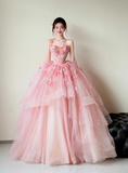 Ndyad Ball Gown Sweetheart Neck Quinceanera Dress Pink Wedding Dress Tulle Applique Sweet Birthday Prom Dress HZ1024