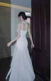 Ndyad White Mermaid Halter Long Prom Dress Chiffon Formal Dress Birthday Evening Dress HZ1024