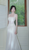 Ndyad White Mermaid Halter Long Prom Dress Chiffon Formal Dress Birthday Evening Dress HZ1024