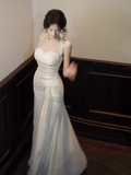 Ndyad White Mermaid Halter Long Prom Dress Chiffon Formal Dress Birthday Evening Dress HZ1024