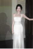 Ndyad White Mermaid Halter Long Prom Dress Chiffon Formal Dress Birthday Evening Dress HZ1024