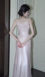 Ndyad Light Pink Spaghetti Strap Sheath Long Prom Dress Satin Formal Dress Sweet Birthday Outfit HZ1024