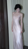 Ndyad Light Pink Spaghetti Strap Sheath Long Prom Dress Satin Formal Dress Sweet Birthday Outfit HZ1024