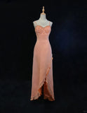 Ndyad Sheath Spaghetti Strap Long Prom Dress Fairytale Chiffon Beaded Formal Dress Coral Birthday Party Dress HZ1024