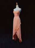 Ndyad Sheath Spaghetti Strap Long Prom Dress Fairytale Chiffon Beaded Formal Dress Coral Birthday Party Dress HZ1024
