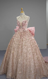 Ndyad Pink Ball Gown Halter Long Prom Dress Halter Neck Beaded Quinceanera Dress 3D Butterfly Sweet 18 Dress HZ1024