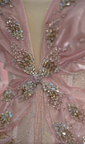 Ndyad Pink Ball Gown Halter Long Prom Dress Halter Neck Beaded Quinceanera Dress 3D Butterfly Sweet 18 Dress HZ1024