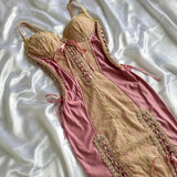 Ndyad Pink Sheath Spaghetti Strap Prom Dress Satin Lace Vintage Birthday Party Dress Evening Gown HZ1024
