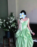 Ndyad Green Ball Gown Boat Neck Long Prom Dress Satin Birthday Party Dress Formal Evening Dress HZ1024