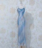 Ndyad Blue Spaghetti Strap Sheath Long Prom Dress Vintage Chiffon Formal Evening Dress Party Dress HZ1024