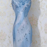 Ndyad Blue Spaghetti Strap Sheath Long Prom Dress Vintage Chiffon Formal Evening Dress Party Dress HZ1024
