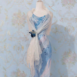 Ndyad Blue Spaghetti Strap Sheath Long Prom Dress Vintage Chiffon Formal Evening Dress Party Dress HZ1024