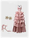 Ndyad Pink Spaghetti Strap Ball Gown Birthday Dress Long Prom Dress Satin Tiered Evening Dress HZ1024