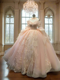 Ndyad Pink Off-the-shoulder Ball Gown Birthday Dress Tulle Beaded Long Prom Dress Applique Quinceanera Dress HZ1024