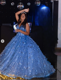 Ndyad Blue Spaghetti Strap Ball Gown Birthday Dress Tulle Sparkly Long Prom Dress Applique Quinceanera Dress HZ1024