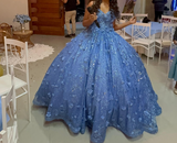 Ndyad Blue Spaghetti Strap Ball Gown Birthday Dress Tulle Sparkly Long Prom Dress Applique Quinceanera Dress HZ1024