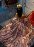 Ndyad Off-the-Shoulder Pink Ball Gown Birthday Dress Tulle Sparkly Long Prom Dress Applique Quinceanera Dress HZ1024