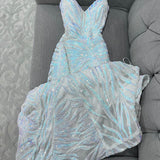 Ndyad White Spaghetti Strap Sheath Long Prom Dress Sequin Tulle Party Dress Formal Dress HZ1024