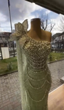 Ndyad Green One Shoulder Sheath Long Prom Dress Beaded Tulle Formal Evening Dress Wedding Guest Outfit HZ1024