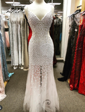 Ndyad White V-neck Mermaid Evening Dress Beaded Tulle Long Prom Dress Sweet Birthday Dress HZ1024