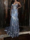 Ndyad Blue V-Neck Mermaid Evening Dress Sparkly Sequined Tulle Long Prom Dress Sweet Birthday Dress HZ1024