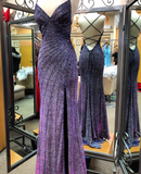 Ndyad Dark Purple V-neck Mermaid Evening Gowns Glitter Beaded Long Prom Dress Slit Backless Party Dress HZ1024