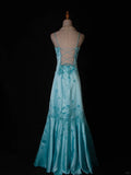 Ndyad A-Line Spaghetti Strap Long Prom Dresses Blue Satin Beaded Evening Dress Elegant Formal Dress HZ1024