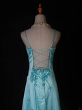 Ndyad A-Line Spaghetti Strap Long Prom Dresses Blue Satin Beaded Evening Dress Elegant Formal Dress HZ1024