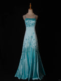 Ndyad A-Line Spaghetti Strap Long Prom Dresses Blue Satin Beaded Evening Dress Elegant Formal Dress HZ1024