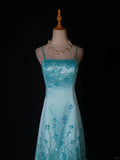 Ndyad A-Line Spaghetti Strap Long Prom Dresses Blue Satin Beaded Evening Dress Elegant Formal Dress HZ1024