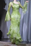 Ndyad Green Sheath Long Prom Dresses Chiffon Beaded Evening Dress Asymmetrical Neck Formal Dress with Cape HZ1024