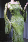 Ndyad Green Sheath Long Prom Dresses Chiffon Beaded Evening Dress Asymmetrical Neck Formal Dress with Cape HZ1024