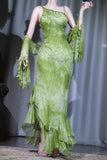 Ndyad Green Sheath Long Prom Dresses Chiffon Beaded Evening Dress Asymmetrical Neck Formal Dress with Cape HZ1024