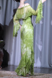 Ndyad Green Sheath Long Prom Dresses Chiffon Beaded Evening Dress Asymmetrical Neck Formal Dress with Cape HZ1024