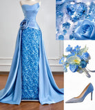 Ndyad Strapless Sheath Long Evening Dress Satin Blue Prom Dress Sparkly Graduation Dress HZ1024