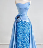 Ndyad Strapless Sheath Long Evening Dress Satin Blue Prom Dress Sparkly Graduation Dress HZ1024