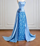 Ndyad Strapless Sheath Long Evening Dress Satin Blue Prom Dress Sparkly Graduation Dress HZ1024