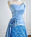 Ndyad Strapless Sheath Long Evening Dress Satin Blue Prom Dress Sparkly Graduation Dress HZ1024