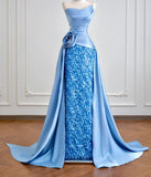 Ndyad Strapless Sheath Long Evening Dress Satin Blue Prom Dress Sparkly Graduation Dress HZ1024