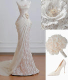 Ndyad Strapless Mermaid Long Wedding Dress Applique Tulle Elegant White Bridal Dress HZ1024
