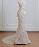 Ndyad Strapless Mermaid Long Wedding Dress Applique Tulle Elegant White Bridal Dress HZ1024
