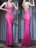 Ndyad Fuchsia Mermaid Beaded Evening Dress Chiffon Elegant Halter Neck Open Back Party Dress Long Prom Dress HZ1024