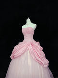 Ndyad Pink Strapless Long Ball Gown Evening Dress Tulle Sweet 16 Birthday Dress Lace Prom Dress HZ1024