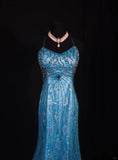 Ndyad Blue Halter Mermaid Evening Dress Elegant Tulle Lace Long Prom Dress Party Dress HZ1024