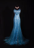 Ndyad Blue Halter Mermaid Evening Dress Elegant Tulle Lace Long Prom Dress Party Dress HZ1024